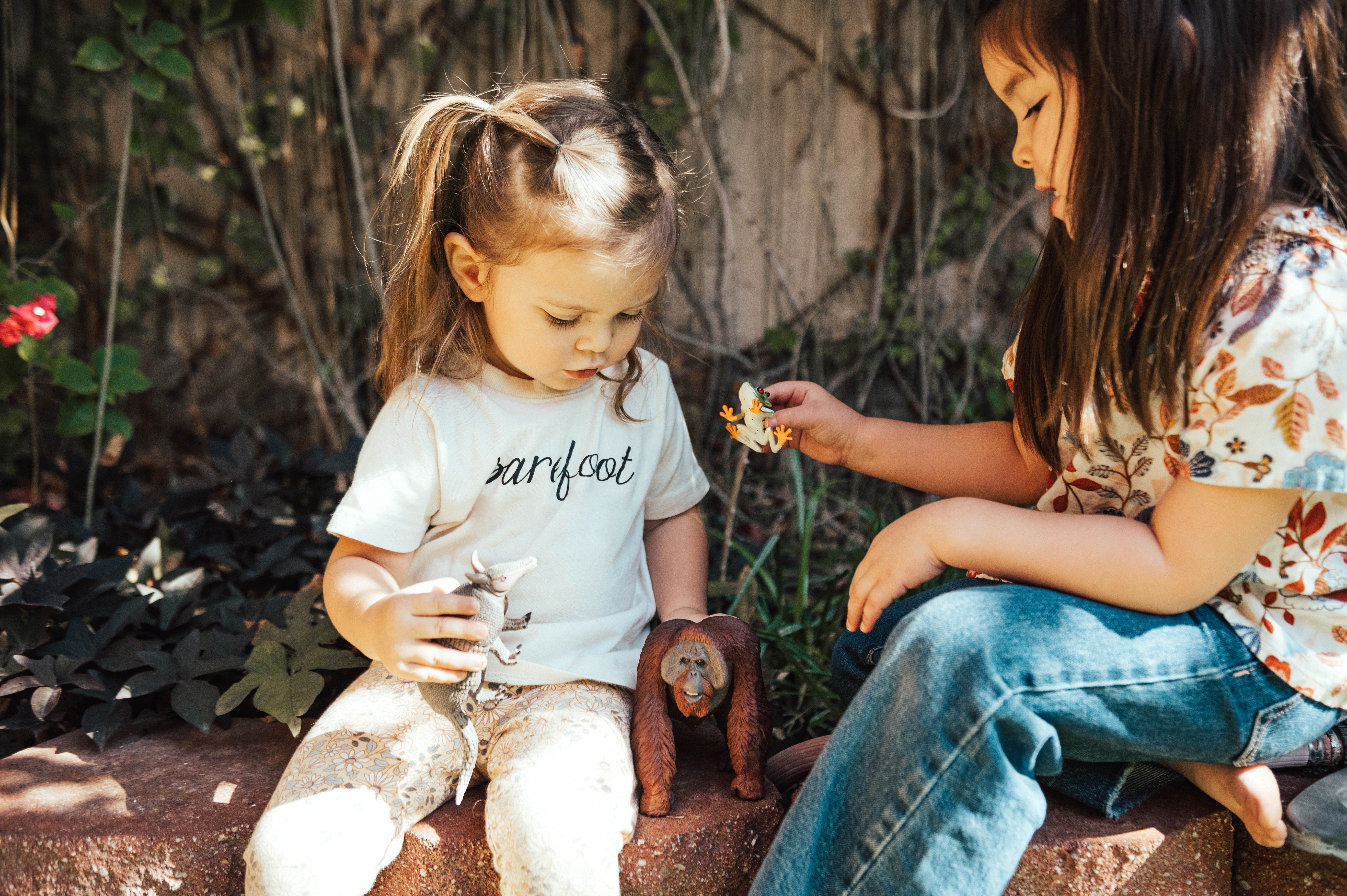 Sisters talking about animal toy figurines.