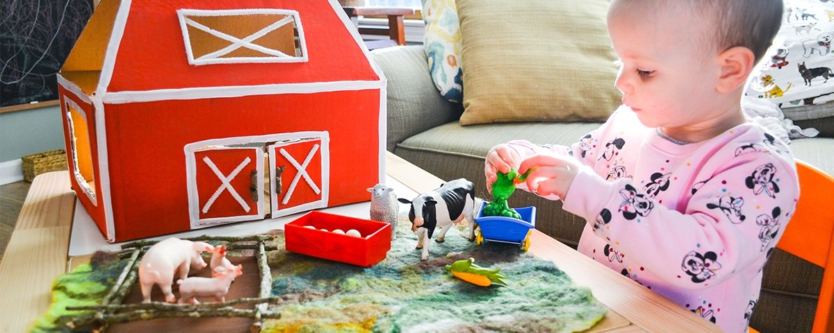 Cardboard barn farm with toy animals, cardboard box crafts for kids