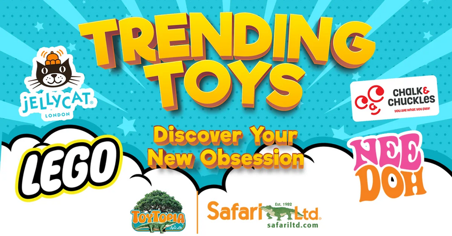 Colorful graphic with bold yellow text reading Trending Toys and Discover Your New Obsession. Logos for Jellycat, Chalk & Chuckles, LEGO, NeeDoh, Toytopia, and Safari Ltd. appear around the text.