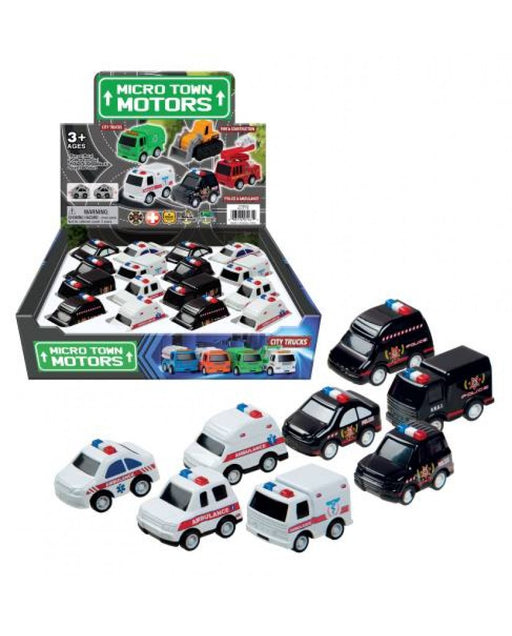 Micro Town Motors - Die Cast Cars - 2" Police & Ambulance - Full 16 Car Pack |  | Safari Ltd®