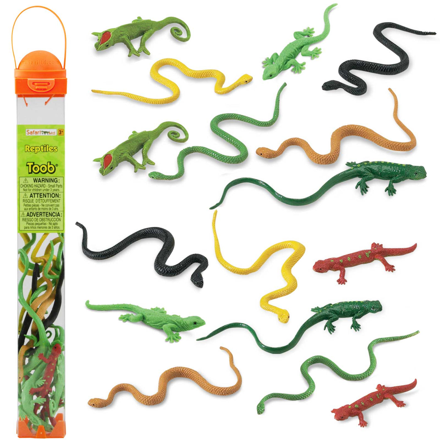 Assorted plastic reptiles—including snakes, lizards, and geckos—are displayed beside the orange Reptiles TOOB® from Safari Ltd, ideal for Montessori or educational play.