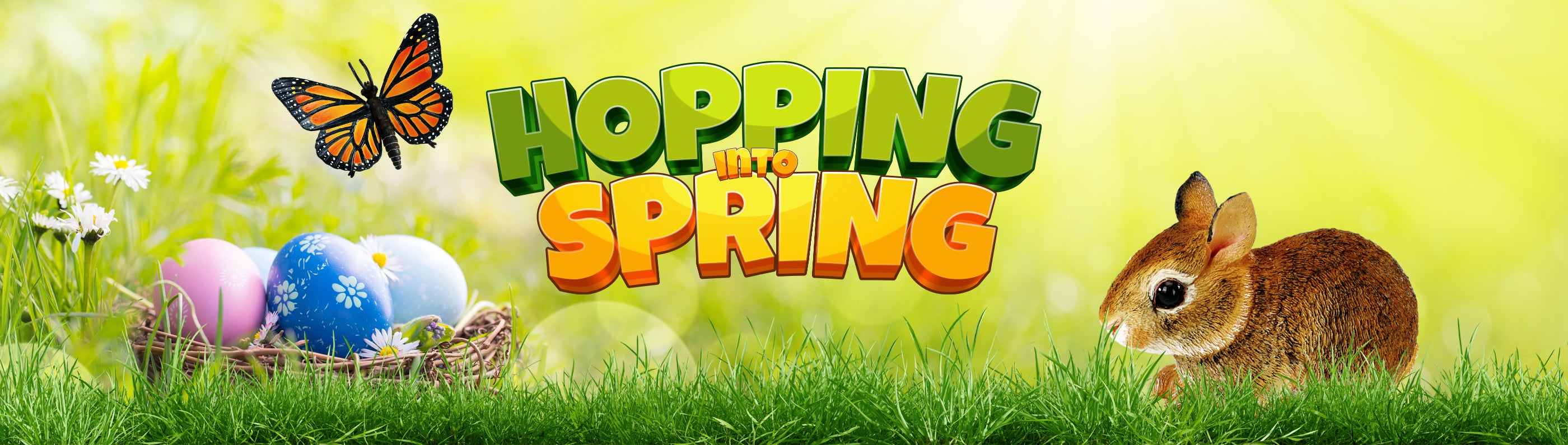 A bright spring scene with a butterfly, a nest of colorful painted eggs, a brown rabbit, daisies, and the text Hopping into Spring against a yellow-green background with sunlight.