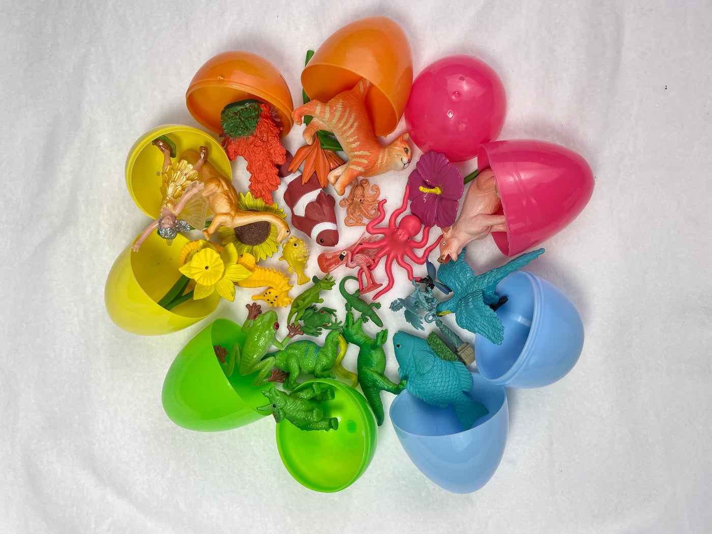 Plastic eggs in orange, pink, yellow, green, and blue, each open and filled with small toy animals and dinosaurs, arranged in a circle on a white background.