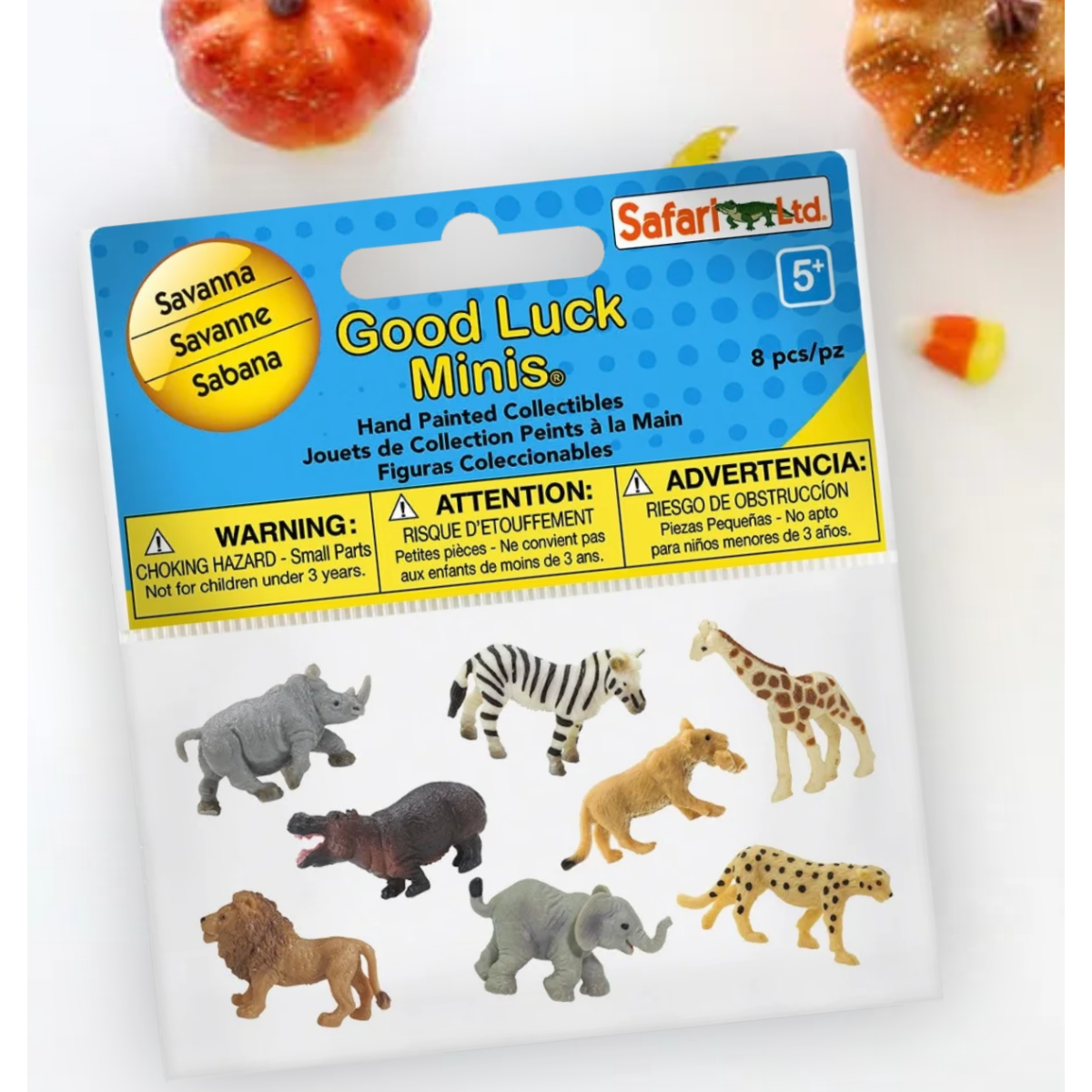 Safari Ltd Good Luck Minis Fun Pack tiny collectible figures on a white background with decorative pumpkins and candy corn props.