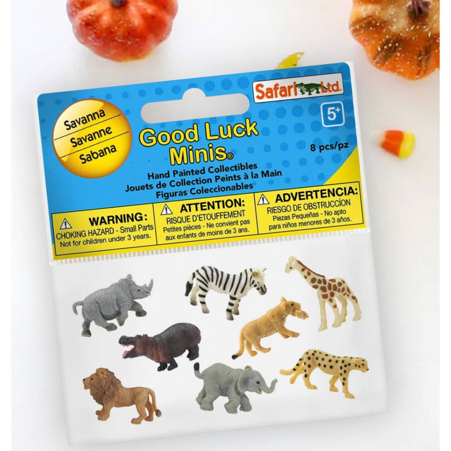 Safari Ltd Good Luck Minis Fun Pack tiny collectible figures on a white background with decorative pumpkins and candy corn props.