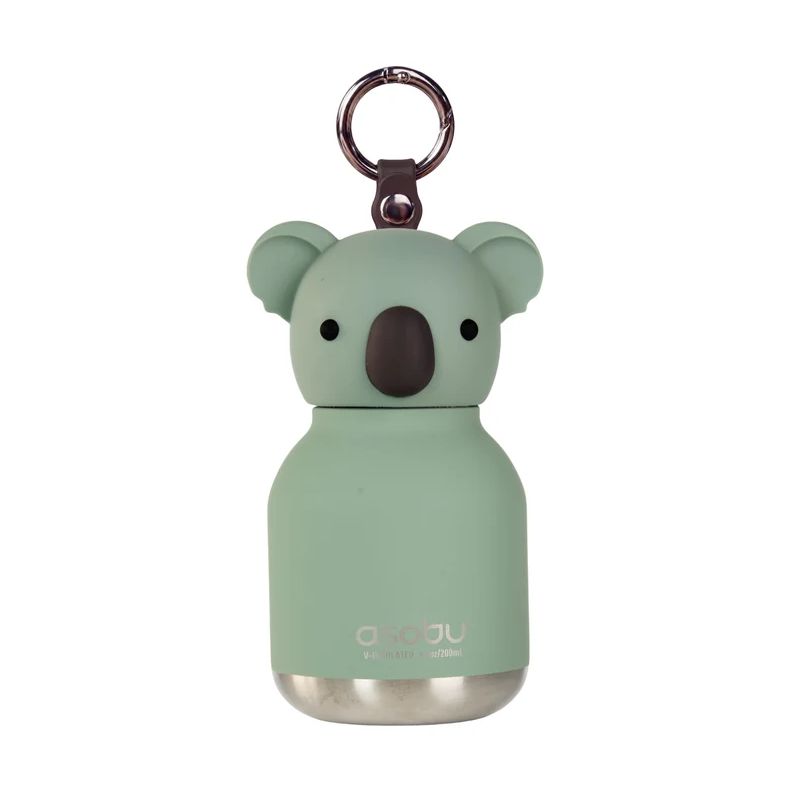 The Asobu Bottle Mini Koala Bestie Bottle Vacuum Flask is a light green insulated kids flask designed to resemble a koala, complete with a round head, ears, black nose, and a metal ring on top for easy carrying.