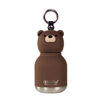 The Mini Brown Bear Bestie Bottle Vacuum Flask by Asobu Bottle (AdnArt Inc) is a small, insulated kids flask designed in the shape of a bear, featuring a cute face, rounded ears, and a metal keychain on top. With “asobu” printed on the front near the bottom, this adorable and practical bottle is perfect for keeping drinks at the ideal temperature while on the go.