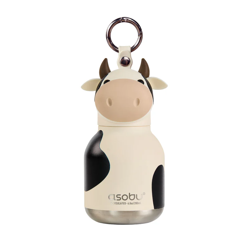 The Asobu Bottle Mini Cow Bestie Bottle Vacuum Flask by AdnArt Inc is a charming, cow-themed insulated kids flask featuring black spots, a cute cow face with horns and ears, and a silver keychain ring attached to the top. Holding 4 ounces, this adorable animal vacuum flask is perfectly sized for little hands.