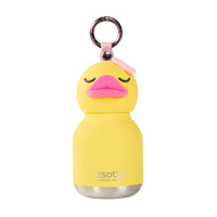 A charming insulated kids flask from Asobu Bottle/AdnArt Inc, the Mini Duck Best Bottle Vacuum Flask features a small yellow animal design shaped like a duck, with pink lips, a pink bow, closed eyes, and a keyring attached to the top. The brand name “asobu” is printed on the lower part of the flask.