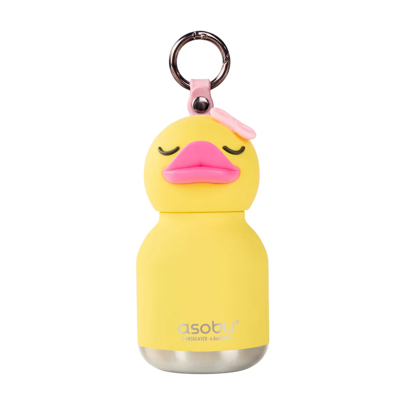 A charming insulated kids flask from Asobu Bottle/AdnArt Inc, the Mini Duck Best Bottle Vacuum Flask features a small yellow animal design shaped like a duck, with pink lips, a pink bow, closed eyes, and a keyring attached to the top. The brand name “asobu” is printed on the lower part of the flask.
