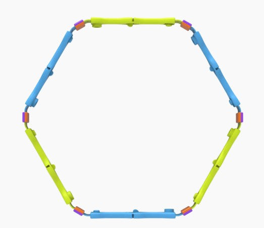 A hexagon is formed by alternating blue and yellow-green interlocking Nockles - Loop plastic sticks from Fun in Motion, with small purple and red connectors at the corners, creating a vibrant sensory toy that offers satisfying tactile feedback.