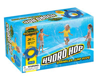 Three children enjoy active play and endless backyard fun with the D&L Stomprocket Hydrohop, a 26-foot jump rope featuring 12 water jets for kids ages 3 and up. The box displays the Hydrohop spraying water and highlights its exciting features.