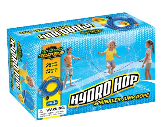 Three children enjoy active play and endless backyard fun with the D&L Stomprocket Hydrohop, a 26-foot jump rope featuring 12 water jets for kids ages 3 and up. The box displays the Hydrohop spraying water and highlights its exciting features.
