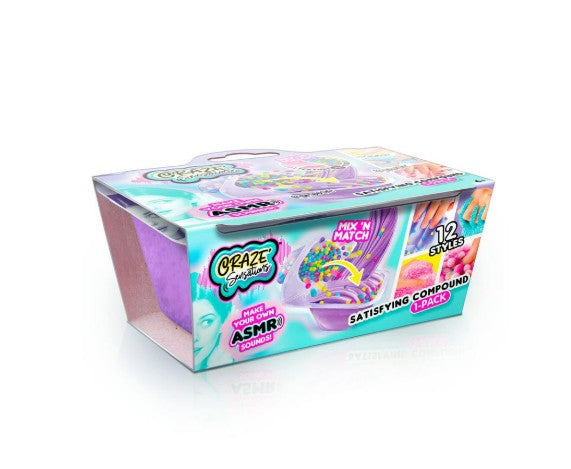 A box of Craze Sensations ASMR by License 2 Play, featuring satisfying compounds with ASMR sounds for sensory fun. The package highlights a purple compound mixed with colorful beads and mentions 12 collectible styles—perfect for fans of ASMR collectibles.