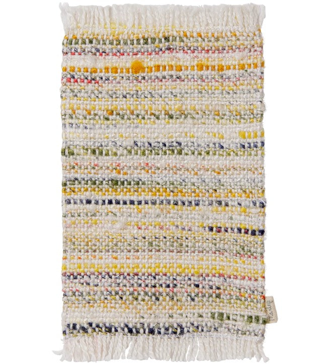 The Maileg Rug, Mouse, Small - Multi Stripe by Maileg is a charming miniature woven piece featuring horizontal stripes in white, yellow, green, blue, and red with fringed edges on the top and bottom—perfect for use as a tiny rug in any small-scale setting or as an accessory for your Maileg mouse.