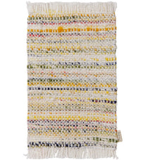 The Maileg Rug, Mouse, Small - Multi Stripe by Maileg is a charming miniature woven piece featuring horizontal stripes in white, yellow, green, blue, and red with fringed edges on the top and bottom—perfect for use as a tiny rug in any small-scale setting or as an accessory for your Maileg mouse.