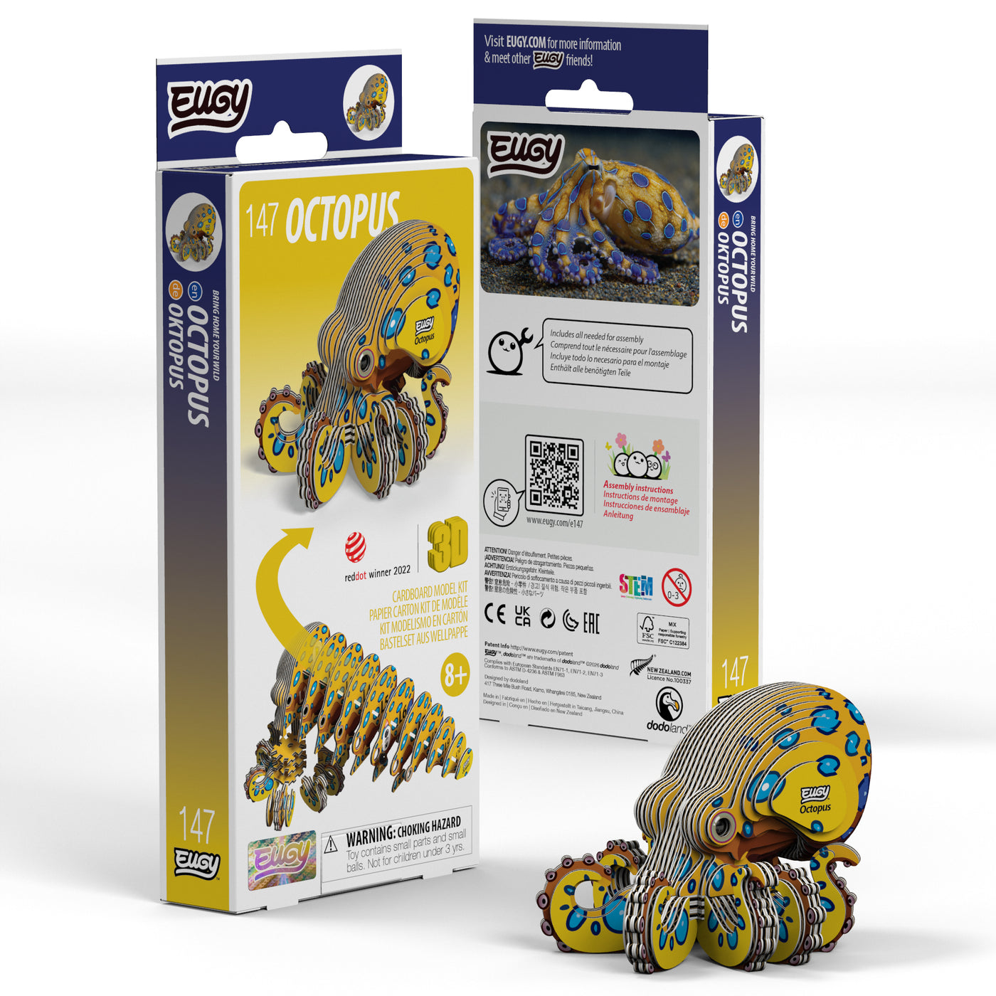 Packaging for a Eugy EUGY Crab 3D Puzzle toy, featuring the assembled colorful crab alongside product details and safety warnings. This eco-friendly puzzle is recommended as a creative STEM toy for ages 8 and up.