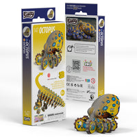 Packaging for a Eugy EUGY Crab 3D Puzzle toy, featuring the assembled colorful crab alongside product details and safety warnings. This eco-friendly puzzle is recommended as a creative STEM toy for ages 8 and up.
