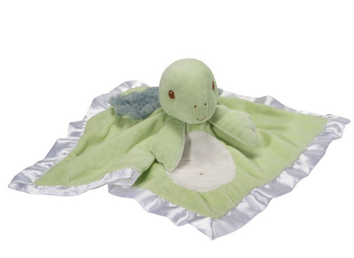 The Douglas Kai Turtle Lil Snuggler features a soft, green plush turtle attached to a light green baby security blanket with a white satin border. The smiling turtle has brown eyes and flippers spread out on the blanket.