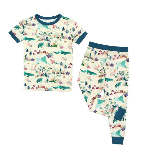Coral Reef Bamboo Short Sleeve Kids Pajama Pants Set | Blue/Multi / 6/7T |  | Safari Ltd®