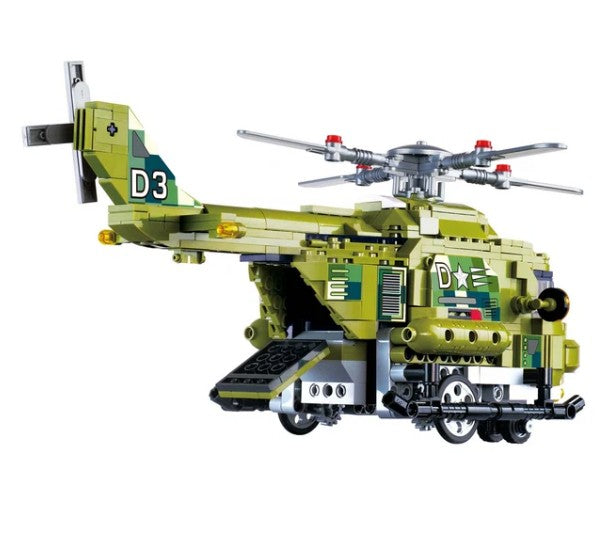 The Alpha Toys Military Helicopter by Alpha Toys features a green and yellow design made from interlocking bricks, complete with an open cargo door, visible landing gear, spinning rotors, and detailed markings like “D3” and a white star on the side—ideal for RC-style fun or imaginative military missions.