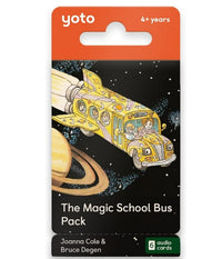 A yellow Magic School Bus, transformed into a spaceship with children and a woman inside, soars near Saturn. The package reads: Yoto The Magic School Bus Pack by Yoto—science stories for ages 4+, by Joanna Cole & Bruce Degen.