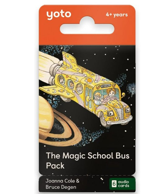 A yellow Magic School Bus, transformed into a spaceship with children and a woman inside, soars near Saturn. The package reads: Yoto The Magic School Bus Pack by Yoto—science stories for ages 4+, by Joanna Cole & Bruce Degen.