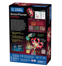 Back of a Thames & Kosmos SolarFlower – Ruby Ripple kit box featuring the assembled solar-powered flower, included components, step-by-step instructions, and educational information about constructing this innovative renewable energy toy. Designed for ages 14 and up; estimated build time is 2–4 hours.