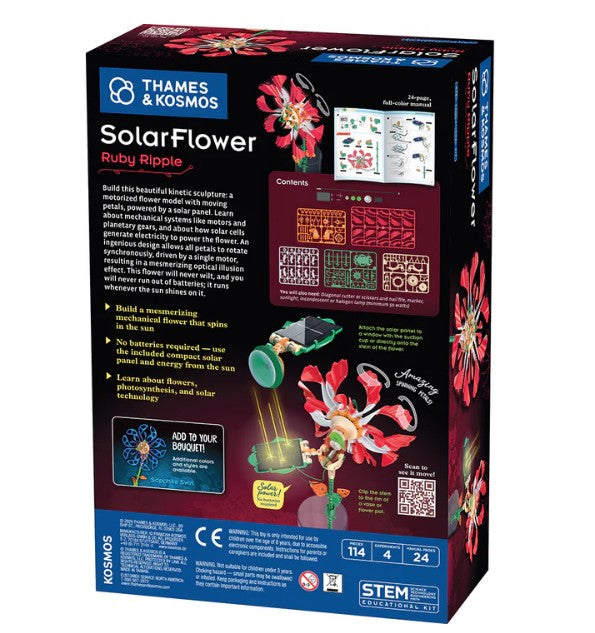Back of a Thames & Kosmos SolarFlower – Ruby Ripple kit box featuring the assembled solar-powered flower, included components, step-by-step instructions, and educational information about constructing this innovative renewable energy toy. Designed for ages 14 and up; estimated build time is 2–4 hours.