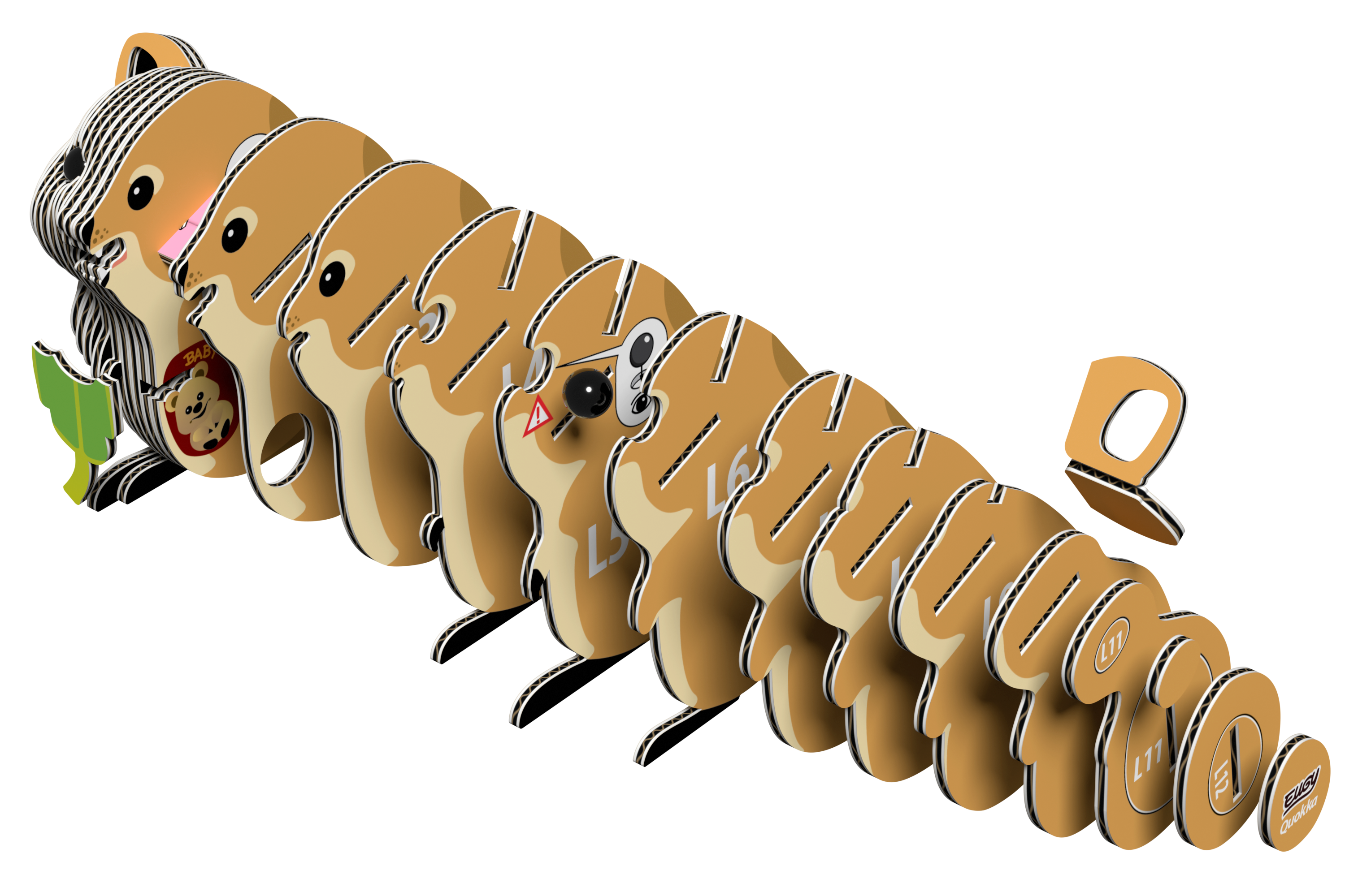 A row of 3D cartoon quokka figures from the Eugy EUGY Quokka 3D Puzzle forms the word TECHNOLOGY; the first quokka wears glasses and holds a leaf, while the letter Y stands apart from the rest. This cheerful display captures both the fun and educational spirit of a STEM toy or eco-friendly 3D puzzle.