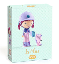 Box featuring the DJECO Tinyly Joe & Gala toy set from DJECO, displaying a girl collectible figure with a helmet and braided hair standing beside a small purple unicorn on the front of the packaging.