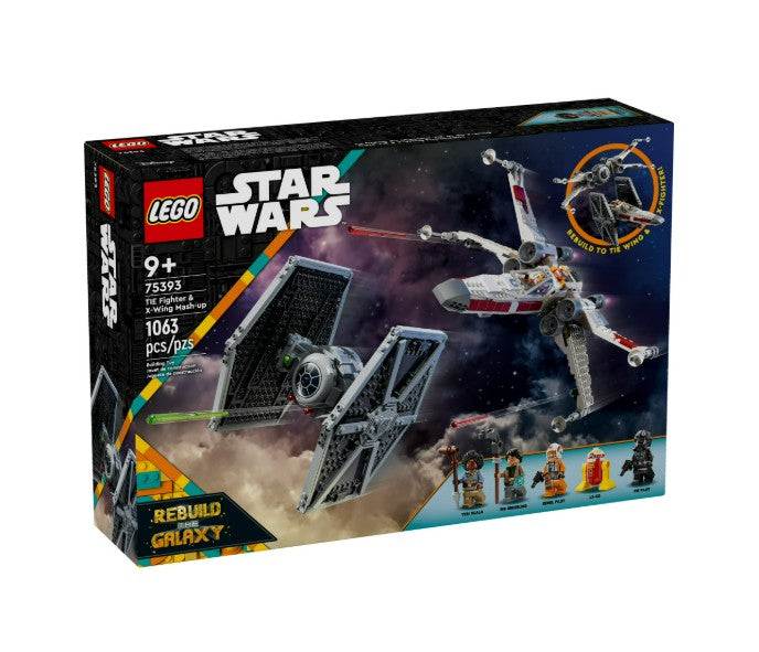 LEGO TIE Fighter & X-Wing Mash-up box featuring buildable starfighter models in space, for ages 9+, set number 75393, 1063 pieces, with four minifigures displayed at the bottom right.