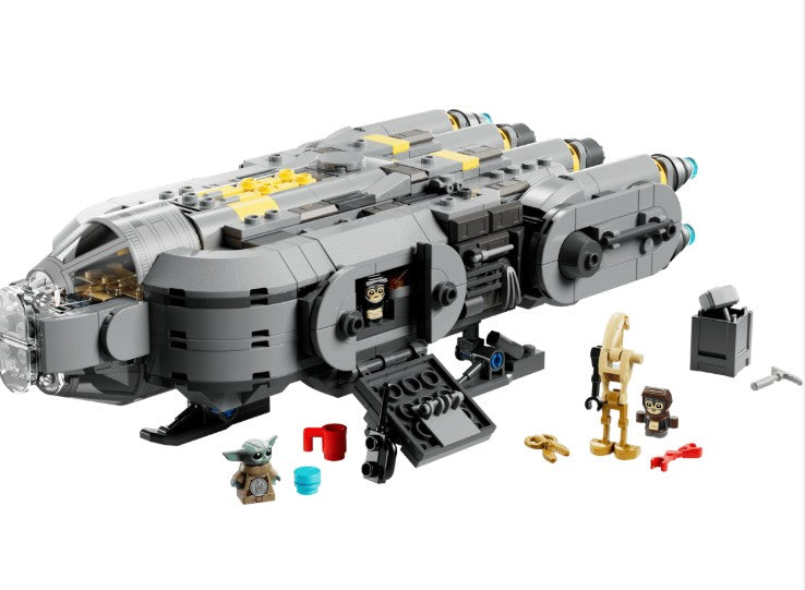 Introducing the LEGO 75445 Anzellan Starship by LEGO—a buildable set inspired by Star Wars that includes open panels, detailed minifigures such as a small green Anzellan character, a variety of accessories, and robot parts arranged around the ship—ideal for fans eager to create their own LEGO Anzellan Starship adventures.