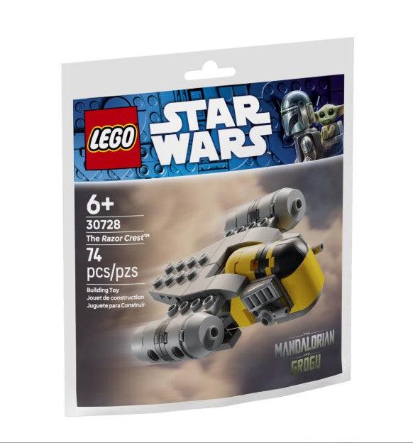 LEGO 30728 The Razor Crest™ Mini-Build set by LEGO, shown in its packaging, features the iconic Razor Crest ship assembled on the front. This set includes 74 pieces and displays detailed Mandalorian and Grogu artwork, making it a must-have for any fan.