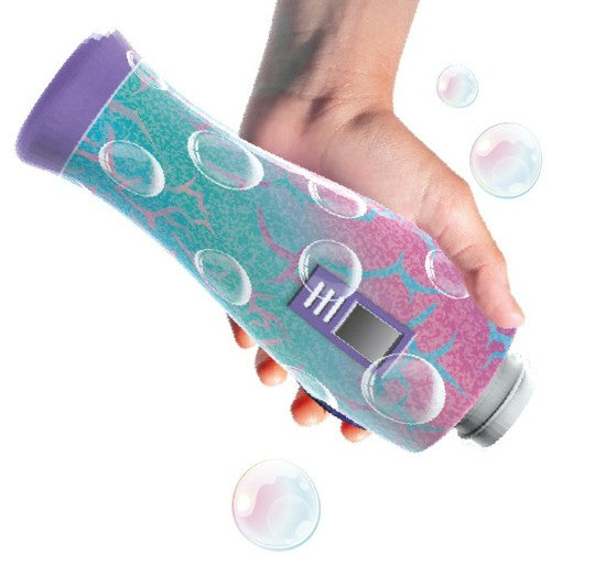 A hand holds South Beach Bubbles' The Unspillables Pop Star Bubbles bottle, featuring a purple cap and display screen, surrounded by floating bubbles—a spill-proof bubble set ideal for outdoor fun.