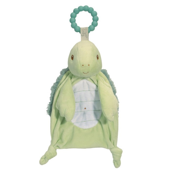The Douglas Kai Turtle Teether is a soft green plush turtle with a smiling face, white belly, and textured silicone teething ring on its head, perfect for babies to hold or chew.