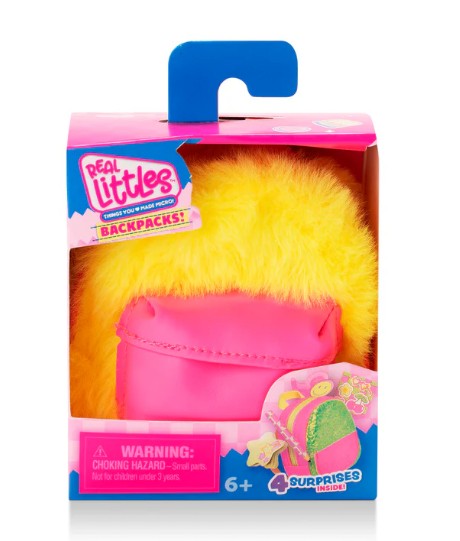 The Toysmith Moose Toys - Real Littles Charms Backpacks features a bright yellow fur backpack toy with a pink mini backpack, all packaged in a colorful box designed for ages 6 and up. This adorable collectible highlights four miniature surprises inside, includes charm backpacks, and comes with packaging that displays a choking hazard warning.