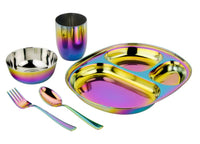 The ahimsa Rainbow Mindful Mealtime Set is a children’s stainless steel dining set with a plate, bowl, cup, fork, and spoon—all featuring a vibrant rainbow metallic finish on sleek white.