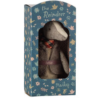 A fabric Maileg Reindeer, Father doll wearing a scarf is showcased inside a blue, flower-adorned box with a clear window. Ideal for imaginative play, the box is labeled “Father” and highlights the charming Maileg branding along with “the Reindeer.”.