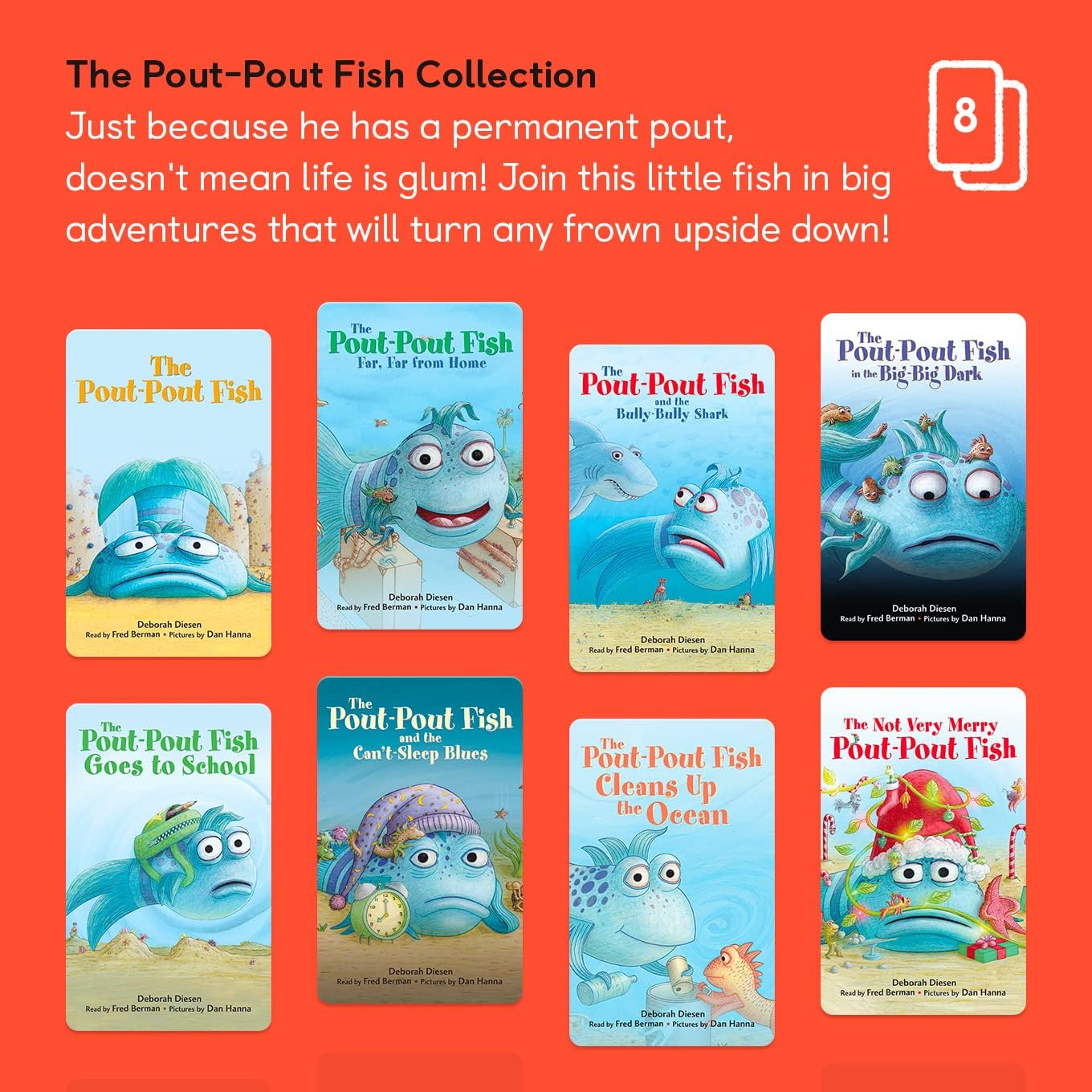 Eight vibrant covers from Yoto The Pout-Pout Fish Collection by Yoto are shown in two rows, each featuring the signature blue fish. An orange backdrop highlights series info, a calendar icon with 8, and notes it’s a children's audio collection.