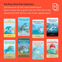 Eight vibrant covers from Yoto The Pout-Pout Fish Collection by Yoto are shown in two rows, each featuring the signature blue fish. An orange backdrop highlights series info, a calendar icon with 8, and notes it’s a children's audio collection.