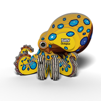 A 3D Crab puzzle made from cardboard, this eco-friendly model features a red and orange crab with the words EUGY Crab on its body. With cartoonish eyes and stylized claws, this engaging STEM toy is displayed on a white background.