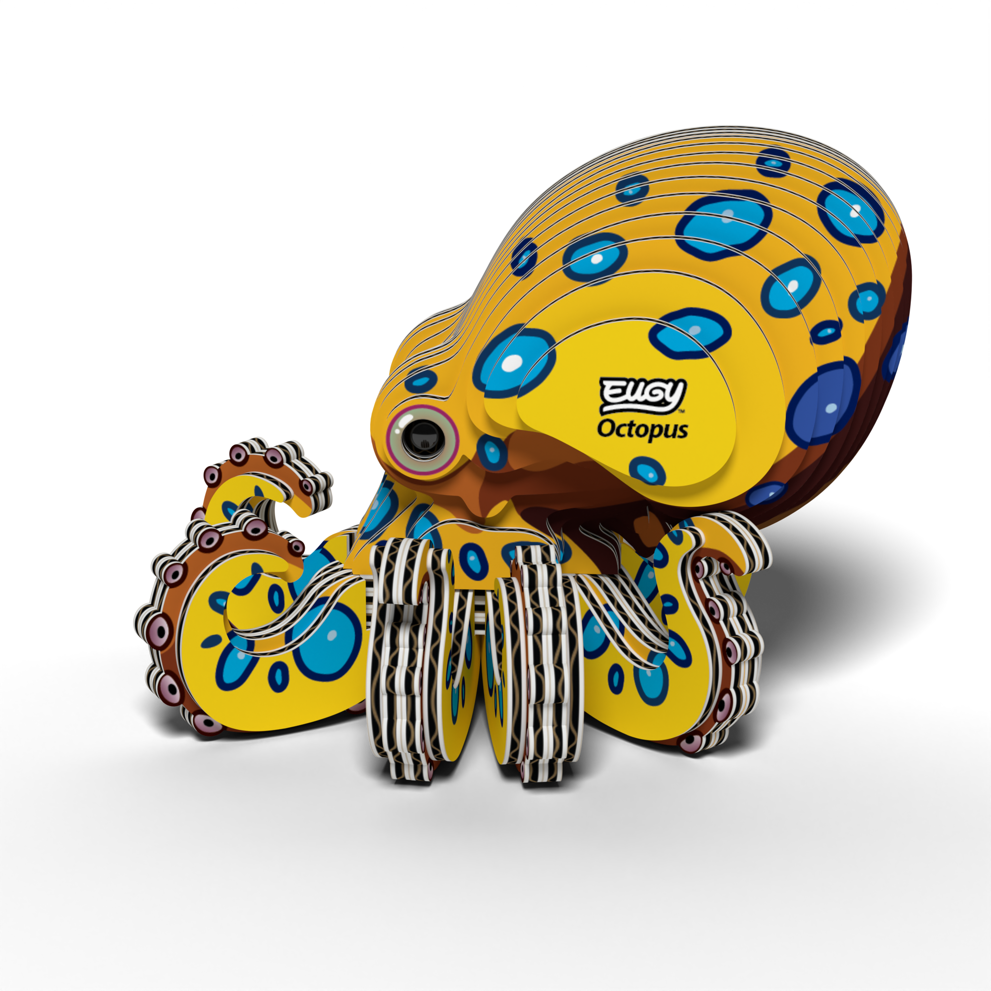 A 3D Crab puzzle made from cardboard, this eco-friendly model features a red and orange crab with the words EUGY Crab on its body. With cartoonish eyes and stylized claws, this engaging STEM toy is displayed on a white background.