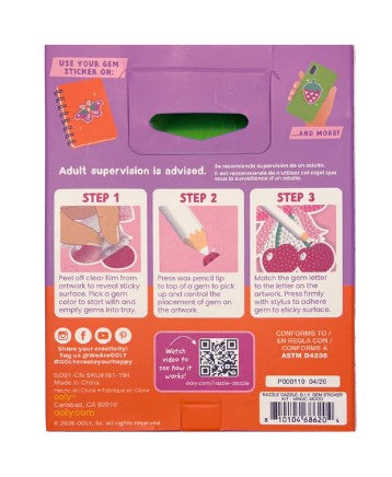 Back of the Ooly Mini Razzle Dazzle: D.I.Y. Gem Sticker Kit - Magic box shows three illustrated steps for creating magical designs: peel off the film, press the wax pencil to a gem, and place the gem on your artwork. Adult supervision is recommended. The box also features a QR code and contact information.