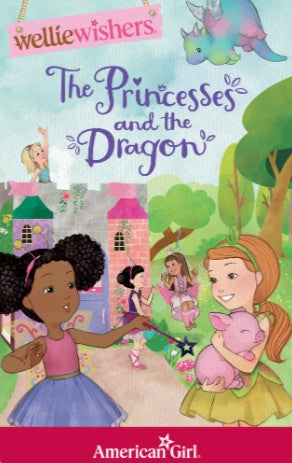 The cover of Yoto American Girl: WellieWishers Whimsical Adventure features animated girls in princess outfits, a magic wand, a pink pig, and a friendly dragon near a castle—ideal for your Yoto Player and audio story collection.