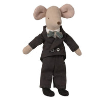 A Maileg Dad Mouse toy, dressed in a Maileg Wedding suit and a patterned bow tie, stands upright against a white background.