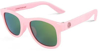 The Baby Sunnies Barbie Pink Kids Polarized Sunglasses UV Protection 3-8 feature stylish green reflective lenses and a UV400 polarized label on the inside of the left arm, offering exceptional UV protection for young eyes. A small circular logo on the outside of the left temple adds a fashionable touch to these safe and trendy sunglasses for kids.