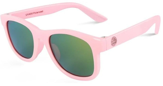 The Baby Sunnies Barbie Pink Kids Polarized Sunglasses UV Protection 3-8 feature stylish green reflective lenses and a UV400 polarized label on the inside of the left arm, offering exceptional UV protection for young eyes. A small circular logo on the outside of the left temple adds a fashionable touch to these safe and trendy sunglasses for kids.