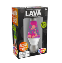 Boxed Lava Squish n Flow sensory toy by Schylling Toys, featuring a purple and pink glow-in-the-dark lamp with mesmerizing flowing globs. Includes a “squeeze me!” interactive stress relief feature. Recommended for ages 3 and up.