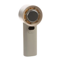 The Fashionit Event Ivory Handheld Fan with Cooling Plate is a portable bladeless fan featuring a circular top, a beige body, two front buttons for power and speed control, and an integrated cooling plate for enhanced refreshment.